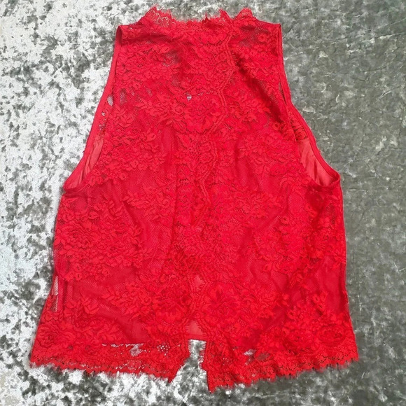 Free People Red Lace Sheer Tied To You Tank Top - Picture 2 of 5